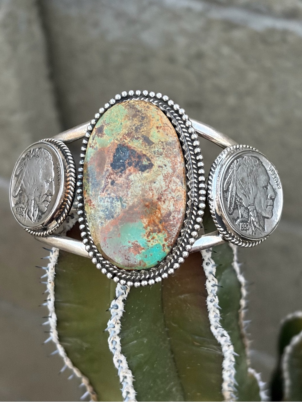 Blackjack Turquoise & Buffalo Nickel Statement Cuff Sterling Silver